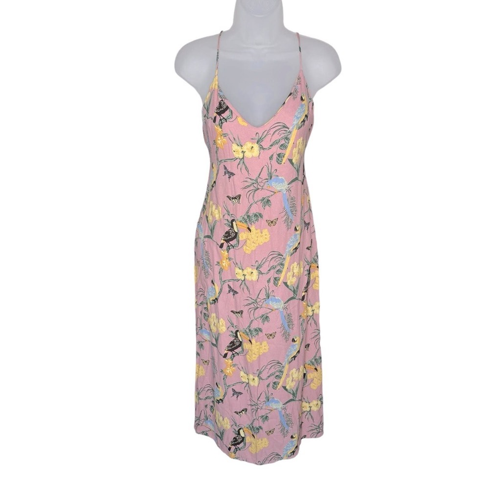 REFORMATION Chianti Pink Strappy Open Back Conga Bird Print Midi Dress Women’s
